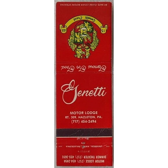 Vintage Matchbook Cover Genetti Motor Lodge Restaurant Hazleton PA - Picture 1 of 5
